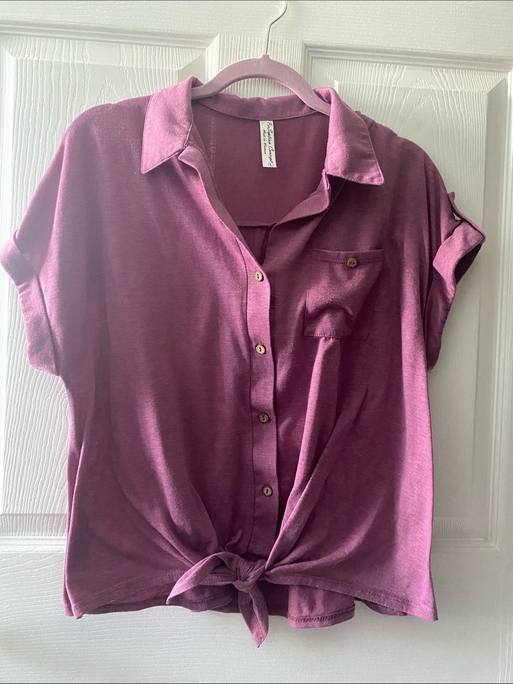Women's Tie-Front Short Sleeve Button Shirt with Collar- Plum L